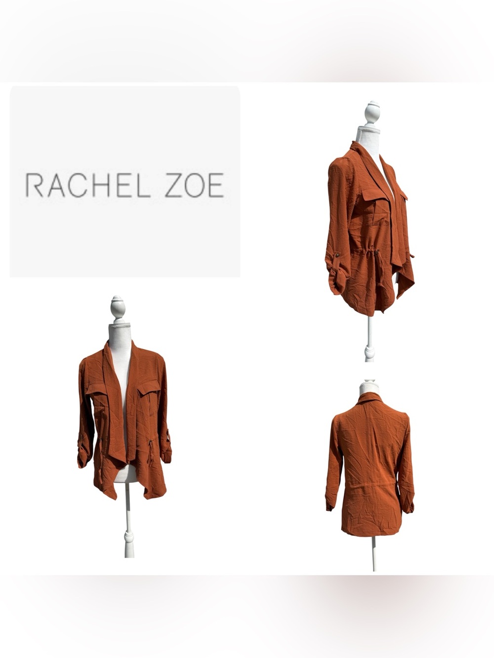 NWOT Rachel Zoe Women XS Burnt Orange Utility Drape Jacket Open Front w Pockets